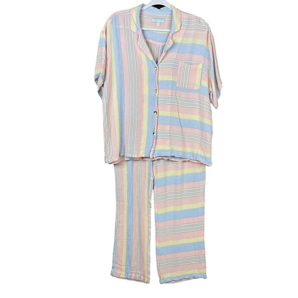 PJ Salvage Sunset Stripe Pajama Set Short Sleeve Button Up Top Pants SZ XL